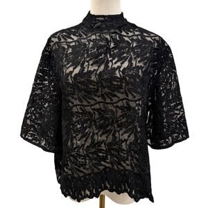 N By Nancy Black Embroidered Lace Sheer Floral Women Blouse Small Mock Neck